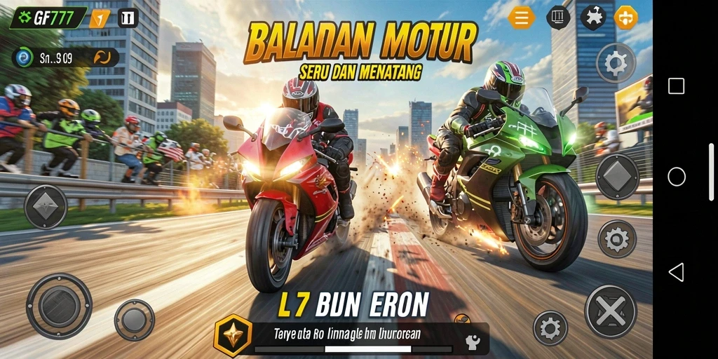 Tampilan gameplay seru dari GF777 saat melakukan balapan motor.