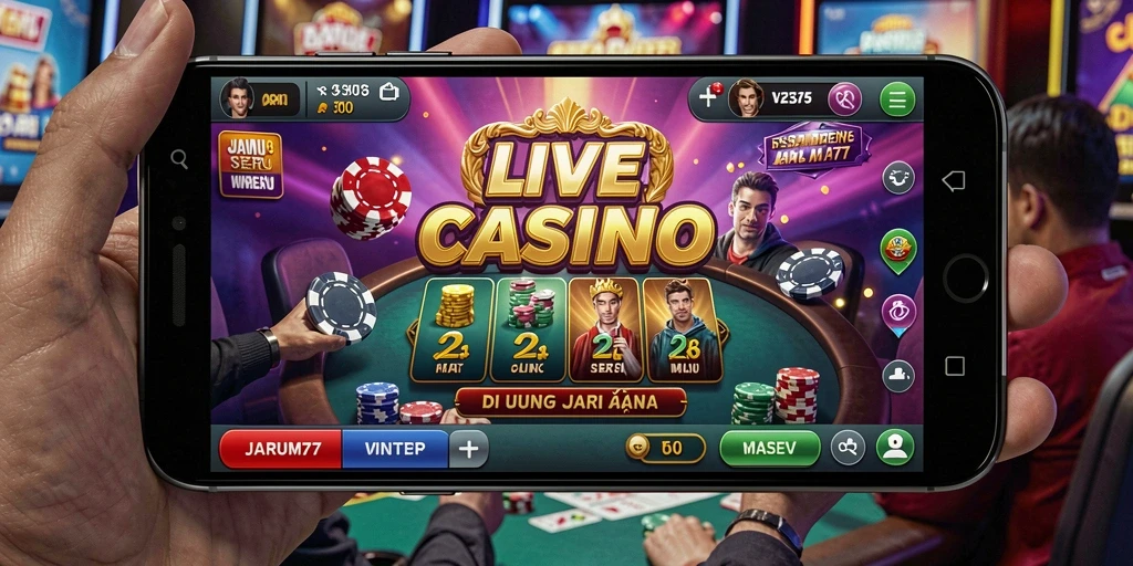 Tampilan gameplay JARUM77 dengan dealer langsung dan suasana kasino.