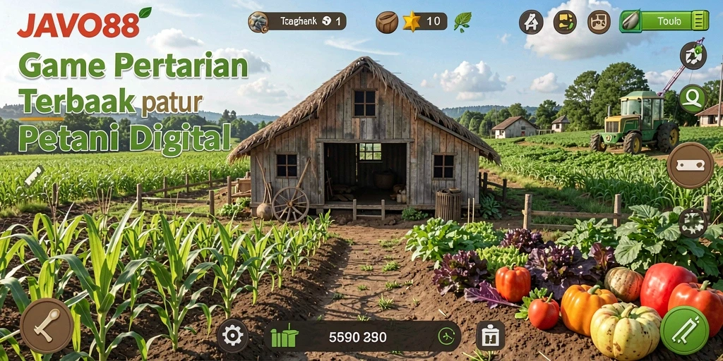 Screenshot utama menunjukkan pemain mengelola kebun dengan tanaman subur.