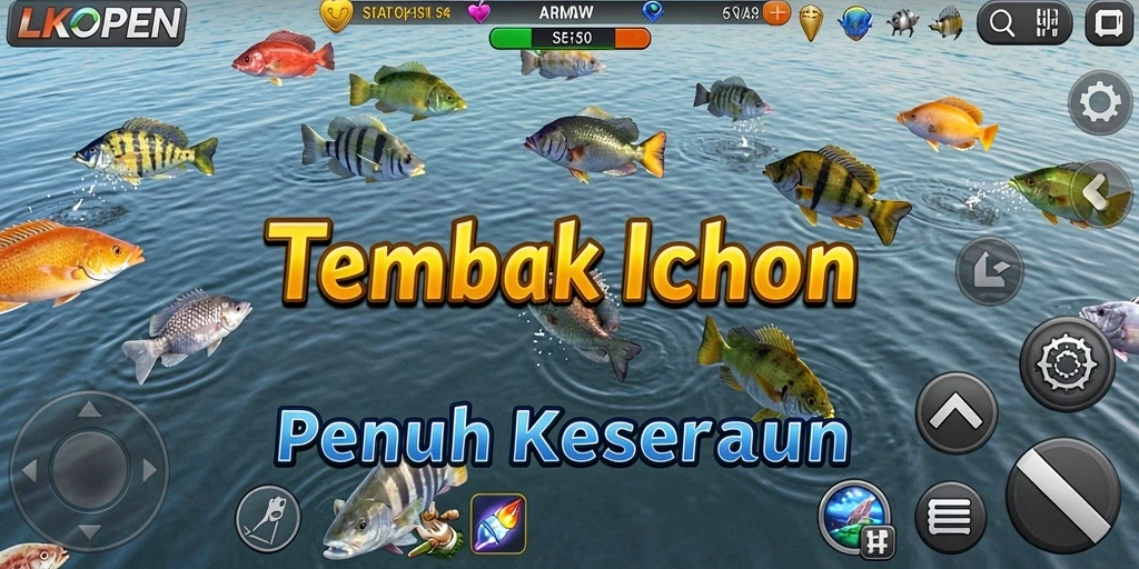 Tampilan gameplay LKOPEN yang menarik dengan berbagai ikan untuk ditembak.