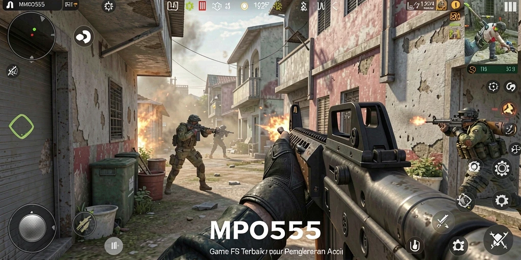 Tangkapan layar MPO555 menunjukkan pertempuran FPS yang intens dan mendebarkan.
