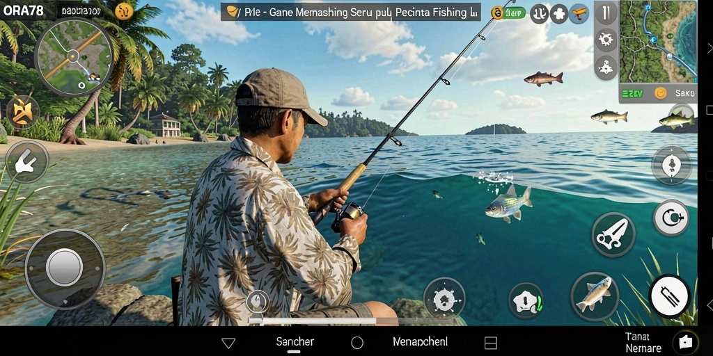 Screenshot gameplay ORA78 menampilkan momen seru saat memancing ikan besar.