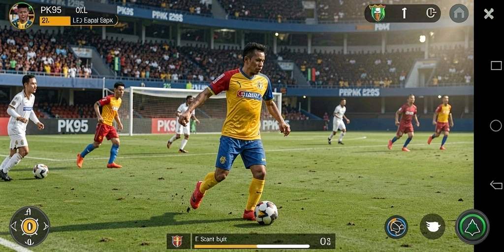 Screenshot dari gameplay PK95 yang mendebarkan di lapangan sepak bola.